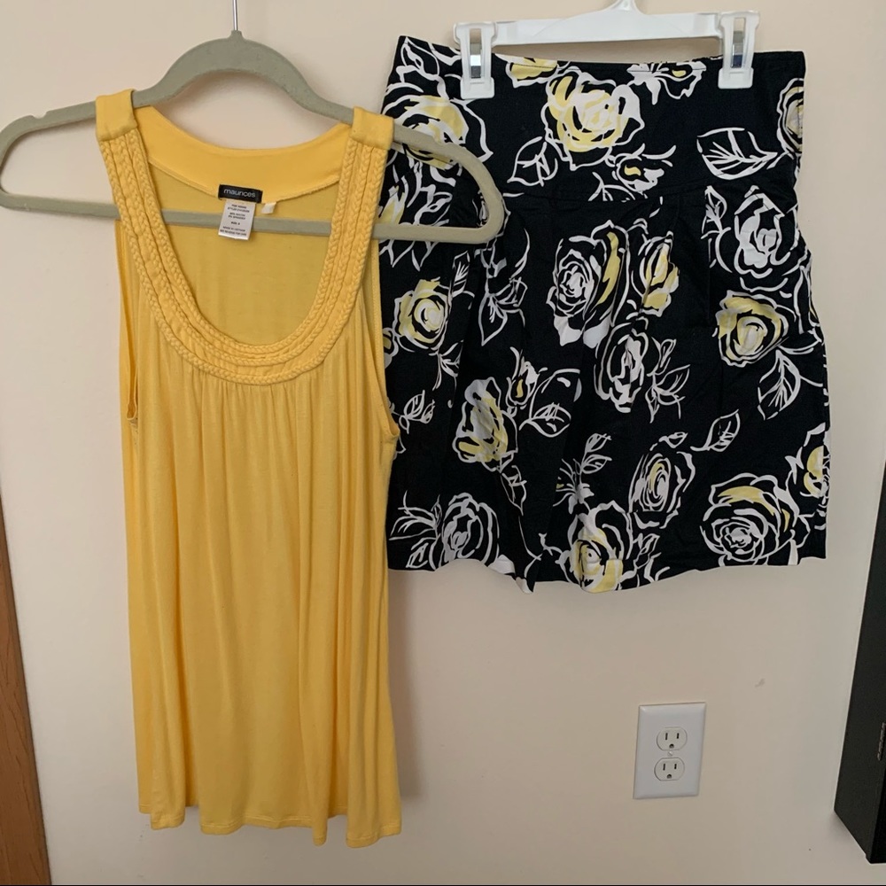 Maurices Yellow Tank & Black Floral Skirt Bundle